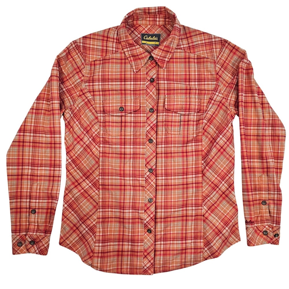 Cabelas Womens Small Orange Red Plaid Long Sleeve Button Down Hiking Shirt‎ S P